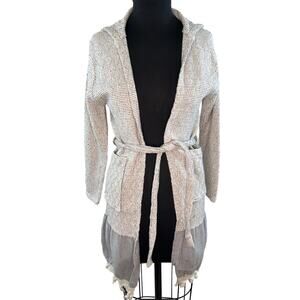 Mellow Gray Long Sleeve Organic Cotton Fringe Hem Tie Waist Cardigan Sweater M